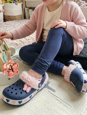 2x1 BOGO Koala Kids Navy Blue Clogs with Pink Fur and Heart Trim